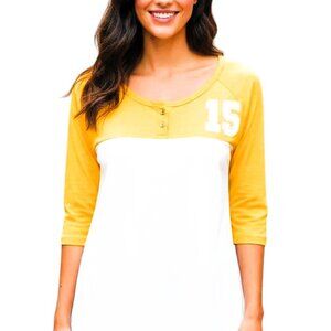 We The Free Baseball Henley T-shirt Extra Small Gold and Cream Minor Defect